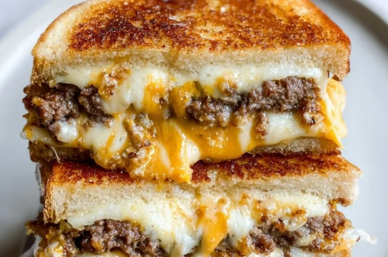 Smashburger grilled cheese sandwich with special sauce on a rustic plate