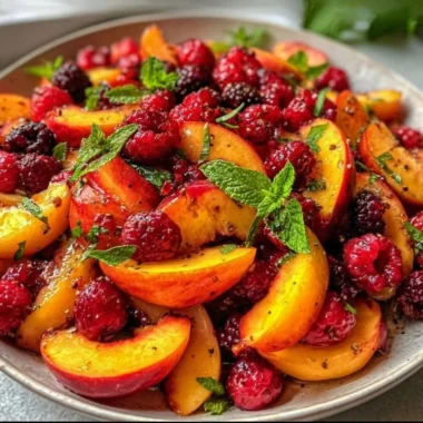 Vibrant summer peach salad with fresh fruits and greens