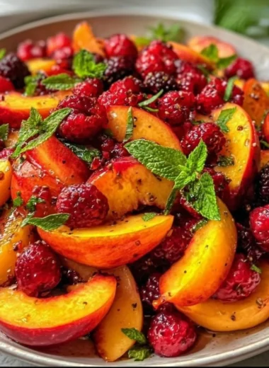 Vibrant summer peach salad with fresh fruits and greens
