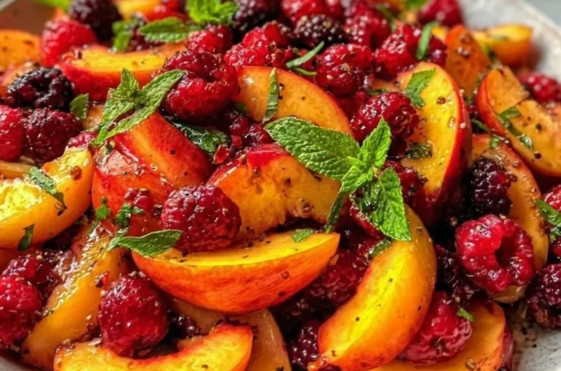 Vibrant summer peach salad with fresh fruits and greens