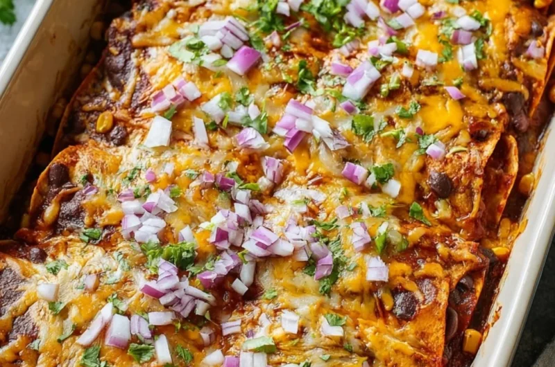 Delicious vegetarian enchilada casserole topped with cheese and fresh ingredients