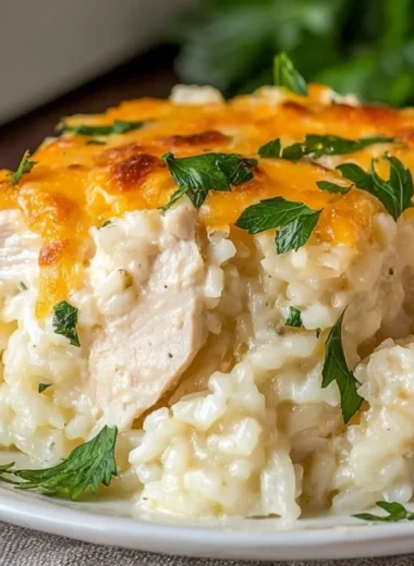 Delicious Angel Chicken Rice Casserole served in a baking dish