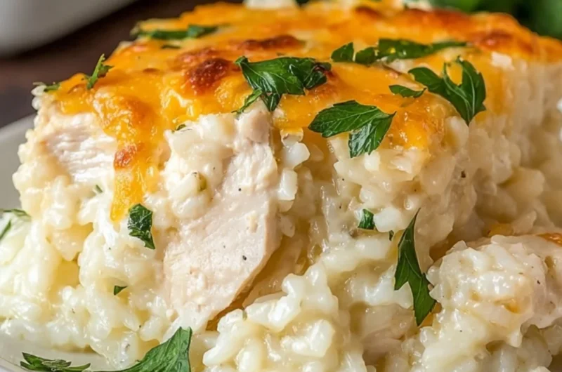 Delicious Angel Chicken Rice Casserole served in a baking dish