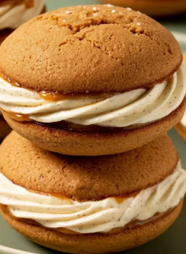 Apple cider whoopie pies with creamy filling on a rustic wooden table