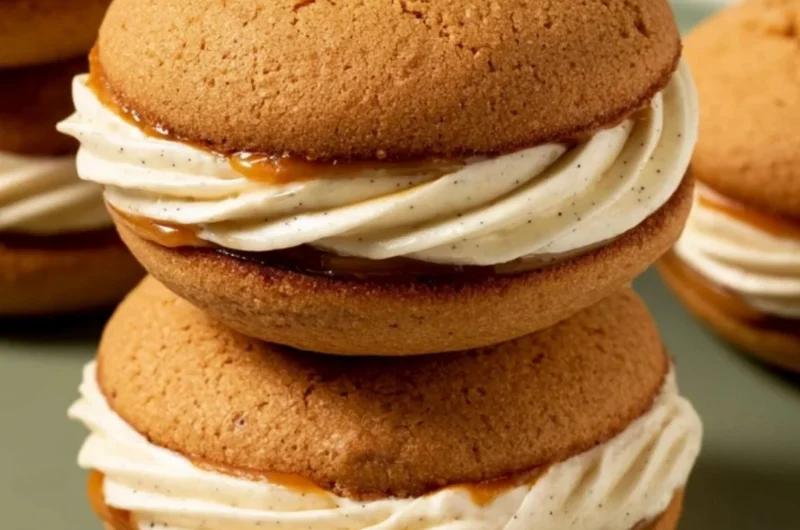 Apple cider whoopie pies with creamy filling on a rustic wooden table
