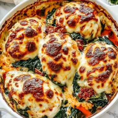 Delicious Baked Tuscan Chicken Casserole with creamy sauce and herbs
