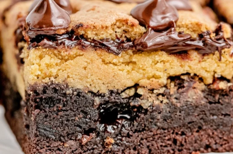 Delicious brown butter brookies served on a plate with chocolate chips.