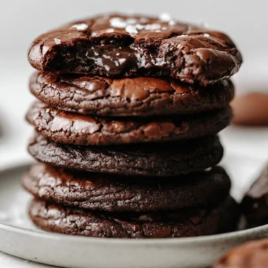 Delicious brownie cookies stacked on a plate with chocolate chips on top