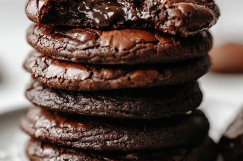Delicious brownie cookies stacked on a plate with chocolate chips on top