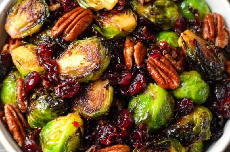 Brussels sprouts with bacon, pecans, and cranberries topped with balsamic glaze