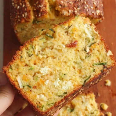 Cheesy zucchini bread freshly baked with a golden crust.