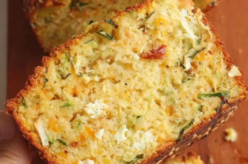 Cheesy zucchini bread freshly baked with a golden crust.