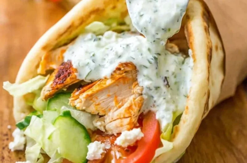 Delicious chicken gyro with fresh vegetables and creamy sauce