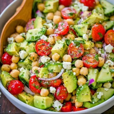 Colorful chickpea salad with vegetables and dressing in a bowl