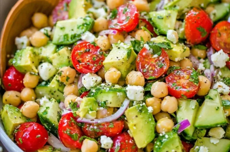 Colorful chickpea salad with vegetables and dressing in a bowl