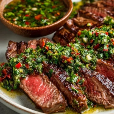 Delicious Chimichurri Steak served with vibrant green chimichurri sauce.