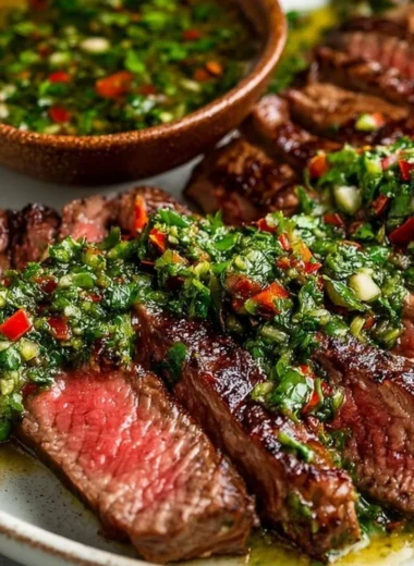 Delicious Chimichurri Steak served with vibrant green chimichurri sauce.