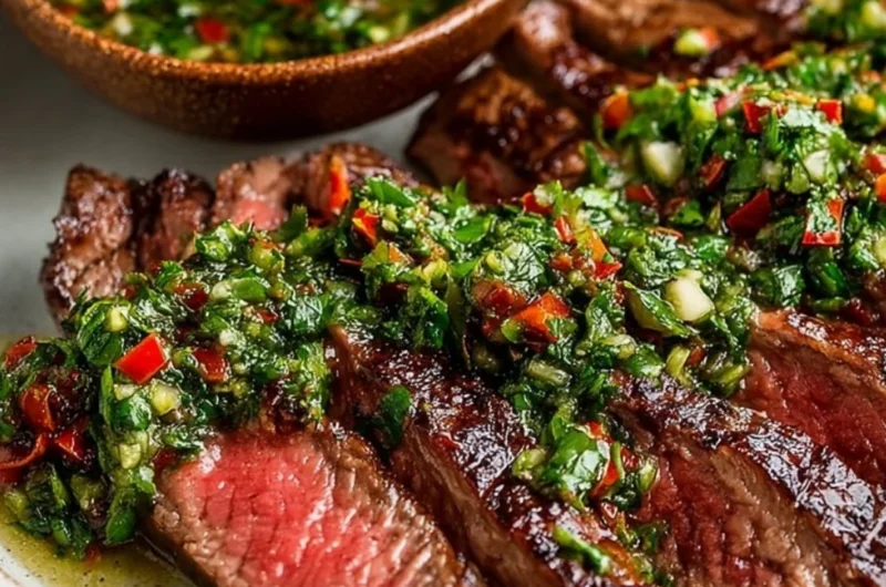 Delicious Chimichurri Steak served with vibrant green chimichurri sauce.