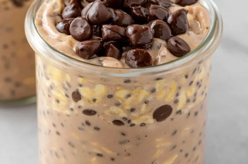 Bowl of chocolate protein overnight oats topped with berries and nuts