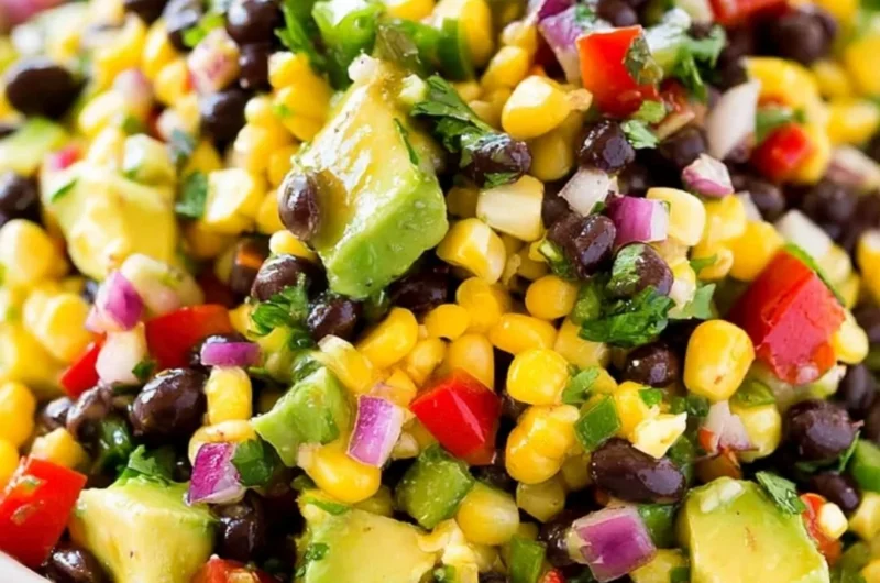 Bowl of vibrant Cowboy Caviar salad with beans, corn, and tomatoes.