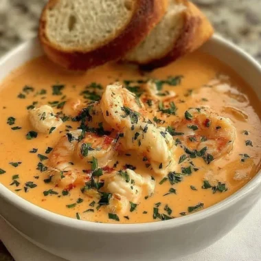 Creamy crab and shrimp seafood bisque served in a bowl