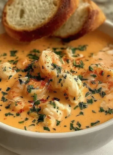 Creamy crab and shrimp seafood bisque served in a bowl