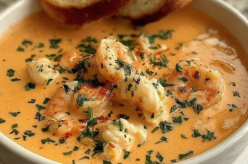 Creamy crab and shrimp seafood bisque served in a bowl