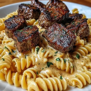 Creamy garlic butter steak bites with spicy Cajun Alfredo twisted pasta