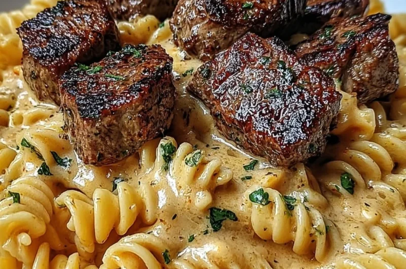 Creamy garlic butter steak bites with spicy Cajun Alfredo twisted pasta