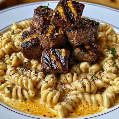 Creamy garlic butter steak bites served with spicy Cajun Alfredo twisted pasta dish