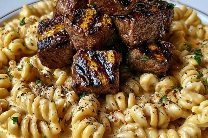 Creamy garlic butter steak bites served with spicy Cajun Alfredo twisted pasta dish