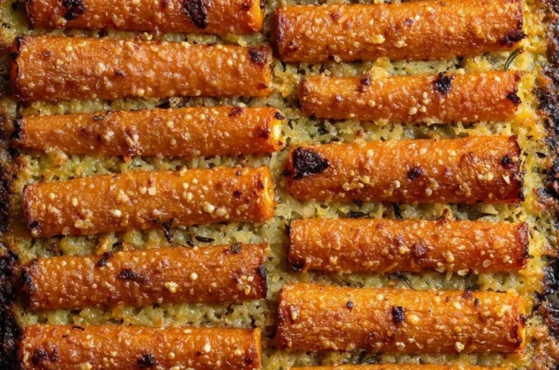 Bowl of crispy Parmesan carrots garnished with herbs