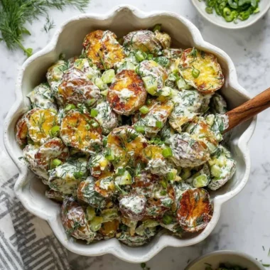 Crispy Smashed Potato Salad with fresh herbs and toppings