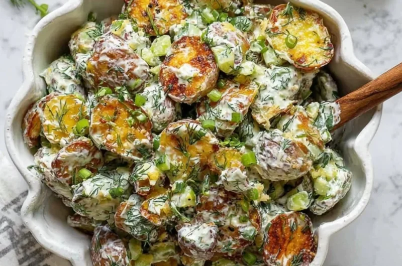 Crispy Smashed Potato Salad with fresh herbs and toppings