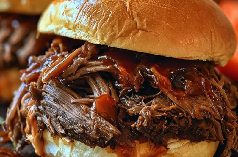 Crockpot BBQ beef sandwiches served on a plate with coleslaw