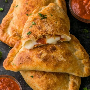 Homemade easy calzones filled with cheese and toppings