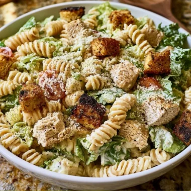 Bowl of Easy Chicken Caesar Pasta Salad with fresh ingredients