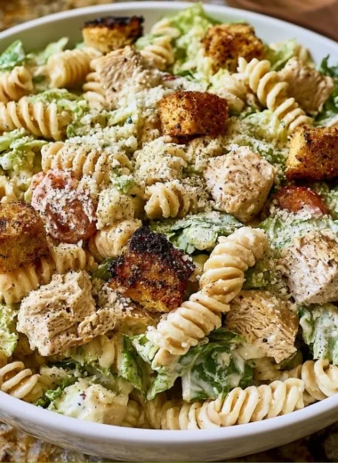 Bowl of Easy Chicken Caesar Pasta Salad with fresh ingredients