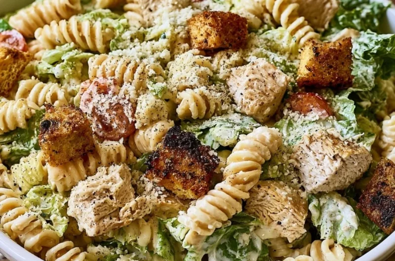 Bowl of Easy Chicken Caesar Pasta Salad with fresh ingredients