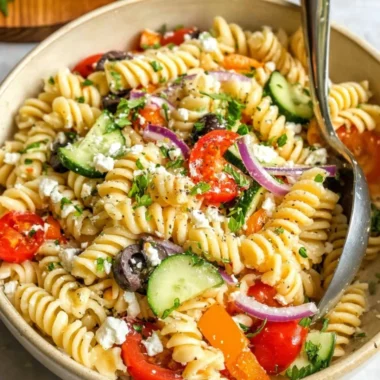 Bowl of colorful easy pasta salad with fresh vegetables and dressing