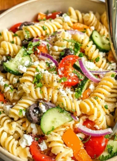 Bowl of colorful easy pasta salad with fresh vegetables and dressing