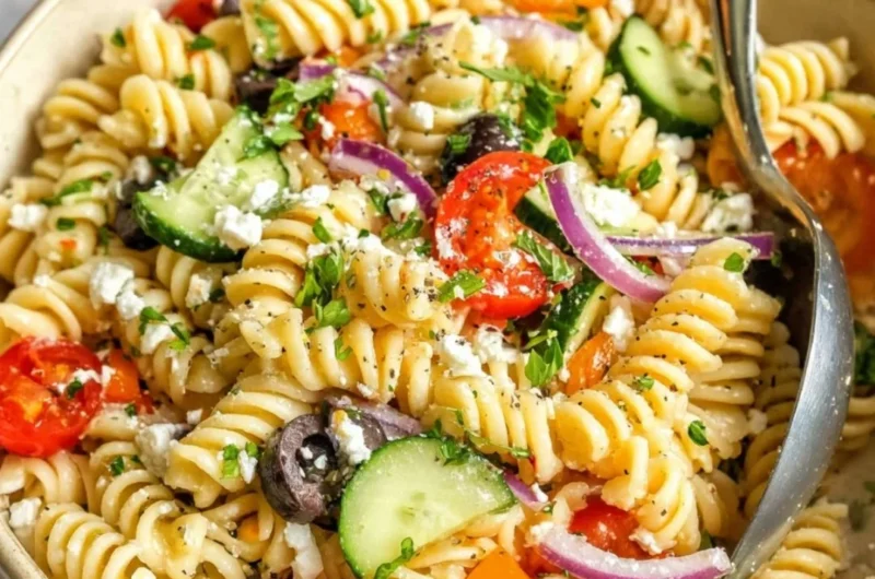 Bowl of colorful easy pasta salad with fresh vegetables and dressing