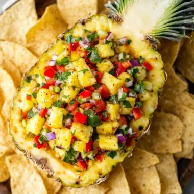 A vibrant bowl of easy pineapple salsa with fresh ingredients and herbs.