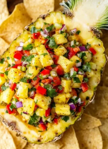 A vibrant bowl of easy pineapple salsa with fresh ingredients and herbs.