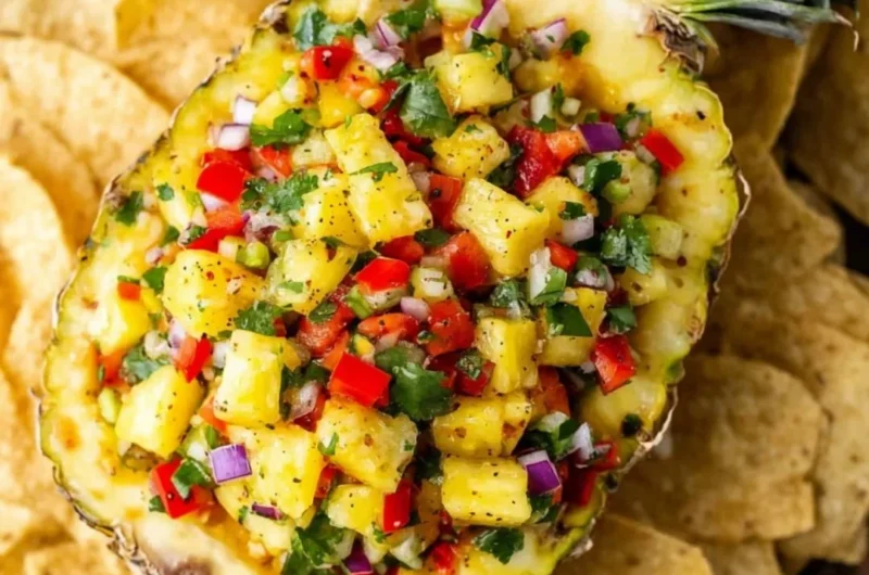 A vibrant bowl of easy pineapple salsa with fresh ingredients and herbs.