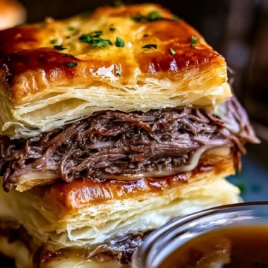 Savory French Dip Squares served with au jus for dipping