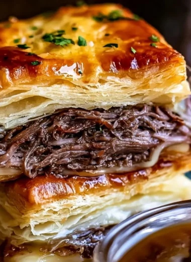 Savory French Dip Squares served with au jus for dipping