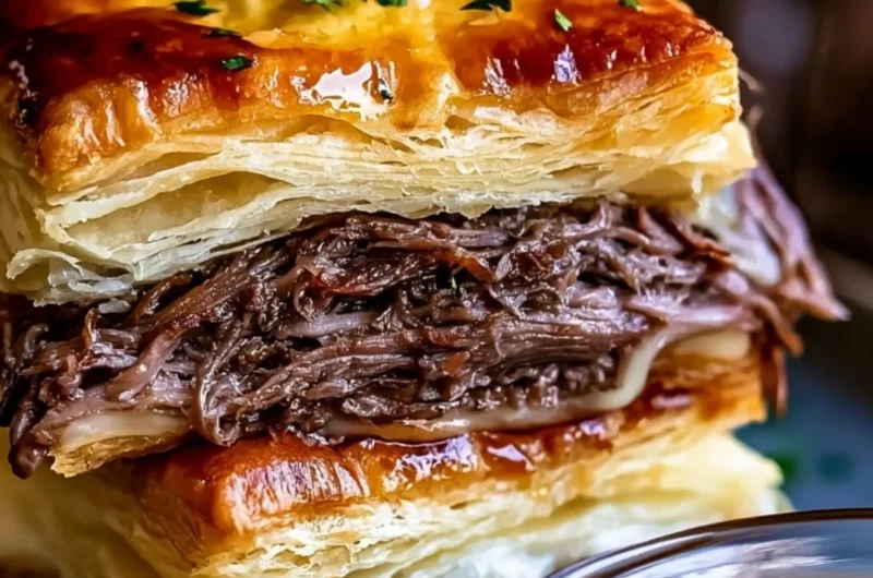 Savory French Dip Squares served with au jus for dipping