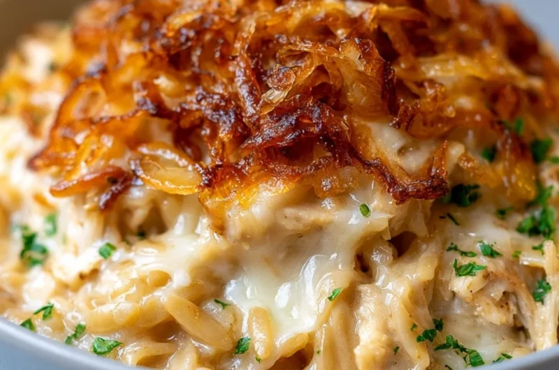 French onion chicken orzo casserole baked in a dish with melted cheese on top.
