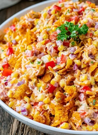 Fritos Chili Cheese Salad featuring chili, cheese, and Fritos corn chips in a colorful presentation